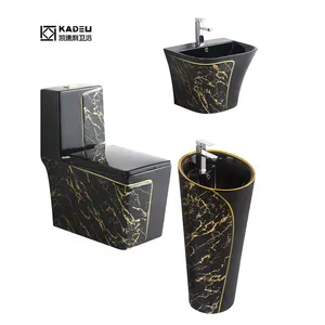 Fabrieksprijs Keramisch Zwart Goud Wc Badkamer Wastafel Kleur Toiletten Kom Vierkant Sanitair Zwart Eendelig Wc Set