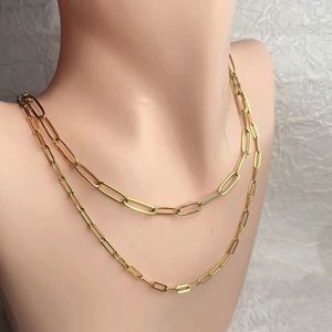 Gioielli da donna alla moda PVD placcato oro 18 carati in acciaio inossidabile rettangolo piatto piccola graffetta graffetta collana a maglie catena del corpo - Product Image 6