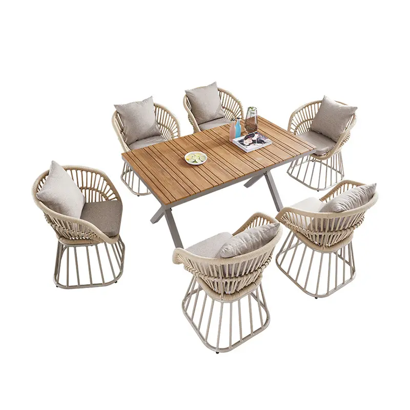 Freiluftmöbel 7-teiliges Outdoor-Esstischset mit Rechteck-Tisch und Rattan-Sessel