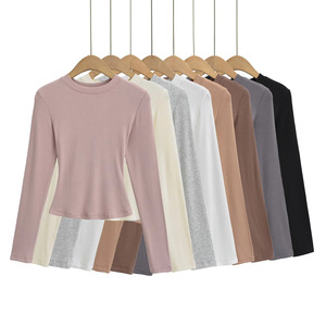 Camiseta Sexy de Manga Larga con Cuello Acanalado, Ligera, Transpirable y Elástica en Cuatro Direcciones para Mujer, Color Sólido, Top Básico para Todos - Product Image 1