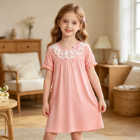 Chemise de nuit d'été pour filles avec dentelle, robe de nuit à manches courtes pour enfants, vêtements de détente pour bébés filles, pyjama pour enfants, vêtements de maison