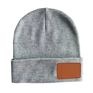 Wholesale Custom Logo Knitted Beanie <b>Cap</b> High Quality Warm Laser Leatherette Patch Blank Hat for <b>Men</b> Winter - Product Image 5