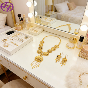<span class=keywords><strong>Ensemble</strong></span> collier et boucles d'oreilles Hongyue en laiton avec motif floral, plaqué or véritable 24 carats, accessoires de luxe élégants pour femmes, mariage, fête, accessoires de mariée - Product Image 5
