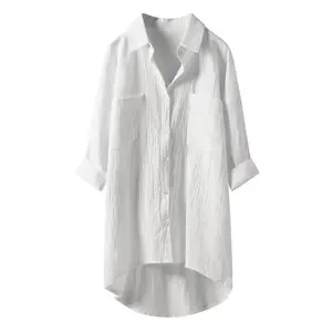New Casual Loose Algodão Linho Mulheres Camisas Primavera Collar Oversize Blusa Manga Longa Botões Camisa Branca Mulheres Tops Streetwear