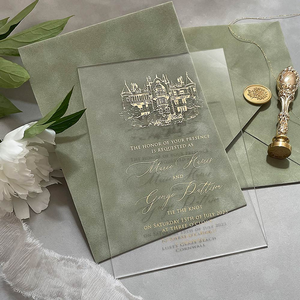 Illustration du lieu Invitations de mariage en acrylique Représentation en feuille d'or en relief Invitations en verre transparent Carte Enveloppe en velours - Product Image 1