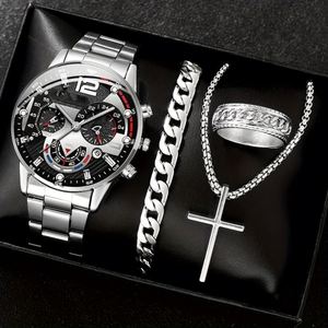 Alloy Fashion Stainless Steel Quartz Watch <b>Bracelet</b> Jewelry Set Classic Boy Gold Geneva Watches Set for Men - Product Image 3