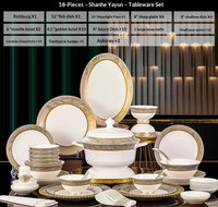 Service de table en porcelaine fine motif paysage oriental, bordure dorée de luxe, compatible lave-vaisselle, pour la maison, les mariages, les banquets et les hôtels