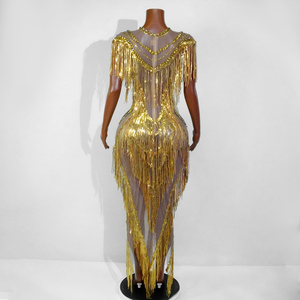 <span class=keywords><strong>Vestido</strong></span> Largo de Mujer, Sexy, con Espalda Descubierta, de Malla Transparente con Borlas y Pedrería Dorada, para Actuaciones en Escenario, Disfraz de <span class=keywords><strong>Drag</strong></span> <span class=keywords><strong>Queen</strong></span> - Product Image 2