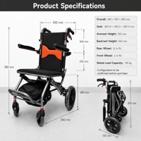 Fauteuil roulant pliable en alliage d'aluminium léger avec une largeur d'assise de 40 cm, une capacité de 100 kg et des freins doubles autobloquants