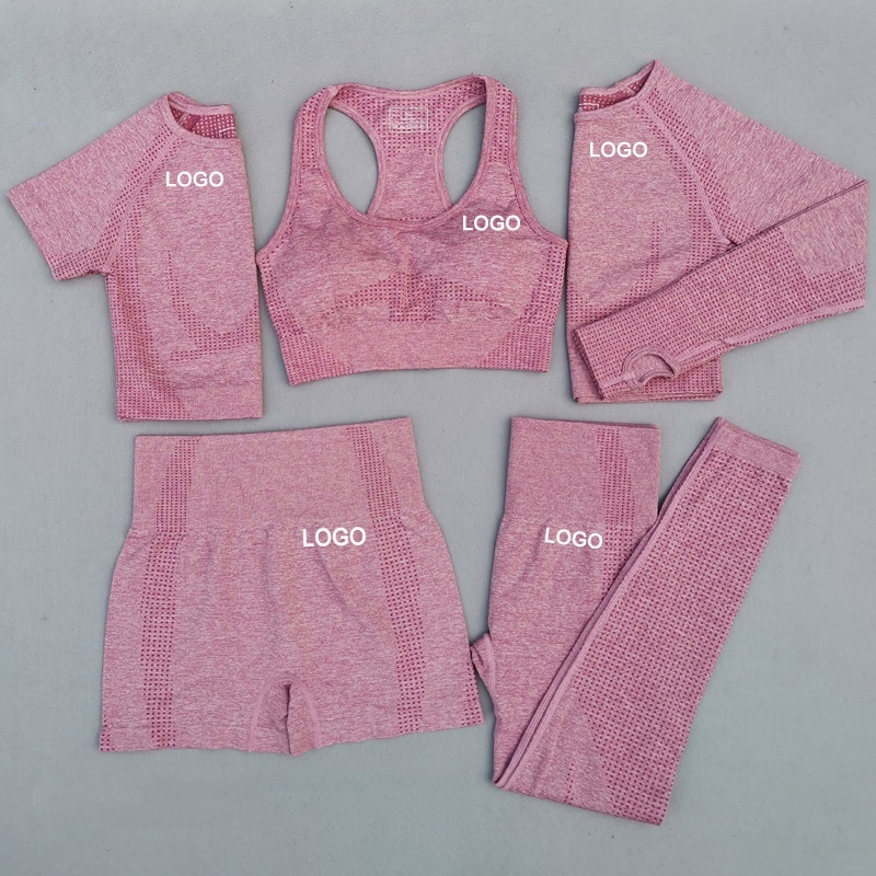 5 Pieces Yoga Set Long Sleeve Pink Fitness Crop Top Underwear Gym Clothing Custom Logo Fall Workout Sets Seamless Yoga Set