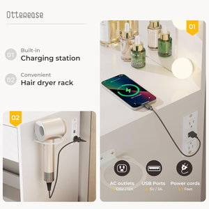 Coiffeuse moderne en bois avec miroir éclairé par LED, étagères de rangement, grands tiroirs, tabouret de rangement, prise de courant, <span class=keywords><strong>chambre</strong></span> à coucher - Product Image 5