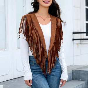 Chaleco de Cuero Marrón para Mujer con Flecos, Manga Larga, Color Sólido, para Invierno, Antibacterial, Resistente al Viento, Transpirable y Duradero - Product Image 1