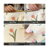 Pochette cosmétique brodée motif tulipe florale avec fermeture éclair, en tissu froissé, organiseur de rangement pour voyage et usage quotidien, crème