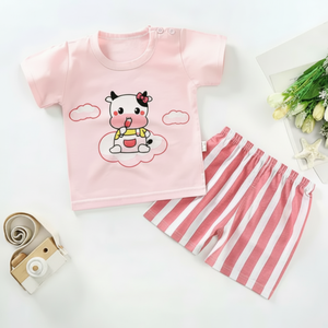 T-shirt en coton décontracté à col rond et à taille élastique pour enfant, 2 pièces, avec cœur et chat, ensemble short et haut décontractés pour l'été - Product Image 1