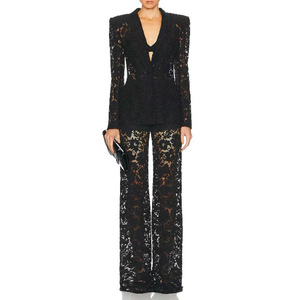 High Quality Lace Suit Lady <strong>2026</strong> Office Fashion <strong>Wear</strong> Notched Long Sleeve Single Button Blazer Pants Women Sexy 2pcs - Product Image 1
