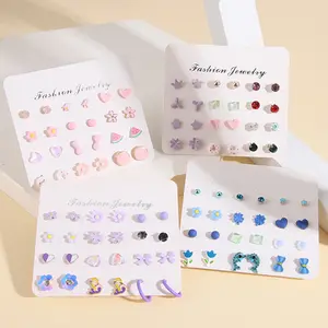 12 pasang/set anting-anting putri duyung donat motif bunga Bintang Hati modis sederhana perhiasan anting-anting untuk wanita anak-anak