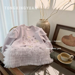Child Star Circle Girls Ballet Style Sweatshirt Dress Long Sleeve Mesh Lace Fleece Lining Autumn Winter Wear - Product Image 1