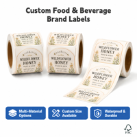 Étiquettes autocollantes en vinyle imperméable durable imprimées sur mesure, logo holographique pour l'emballage de produits alimentaires, pots de miel, bouteilles de boissons