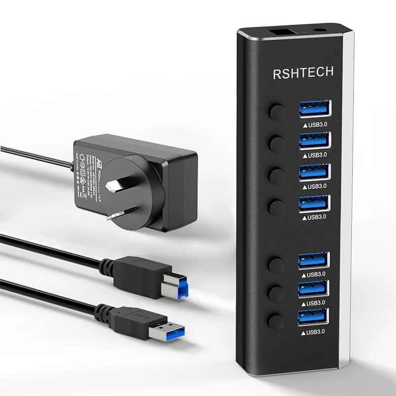 RSHTECH USB 3.0 Hub 5Gbps Fast Data Transfer Individual On/Off Switch 12V/2APower Adapter 7 Port USB Hub for PC