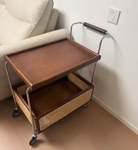 Petit chariot en bois massif, bois de cerisier, mobile, 4 roues, style nordique, table d'appoint, table de rangement, table d'angle, salon, canapé - Product Image 2