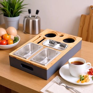 Wooden Snack Tray With Stainless Steel Compartments Rectangle Storage Box For <b>Kitchen</b> Table Use - Product Image 1