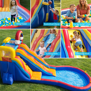 Tobogán Acuático Inflable <span class=keywords><strong>con</strong></span> Temática Arcoíris para Jardín, Combo Inflable <span class=keywords><strong>con</strong></span> Pared de Escalada, <span class=keywords><strong>Piscina</strong></span> de Pelotas, Juego de Lanzamiento de Anillos y Canasta de Baloncesto - Product Image 5