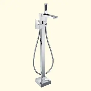 Vasca Freestanding riempitivo vasca da bagno a cascata rubinetto cromato da pavimento in ottone a manico singolo rubinetti da bagno con doccia a mano