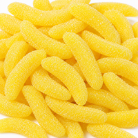 Bonbons gélifiés halal en forme de banane jaune, saveur fruitée acidulée, enrobés de sucre, en vrac