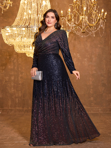 <span class=keywords><strong>Vestido</strong></span> de Fiesta Elegante de Alta Calidad para Mujer, Cuello en V, Manga Larga Estilo <span class=keywords><strong>Princesa</strong></span>, Cintura Ajustada, Lentejuelas Brillantes con Efecto Ombre - Product Image 4