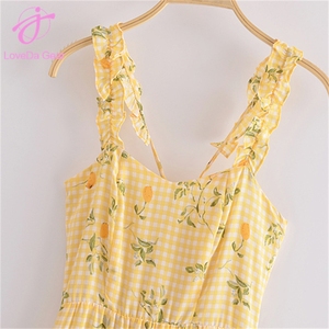 Loveda Wholesale Women Party Wear Casual Sexy High-waisted Checkered <strong>Lemon</strong> <strong>Print</strong> Ruffled Shoulder Strap Suspender <strong>Dress</strong> - Product Image 4