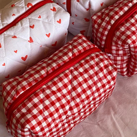 Harga murah tas kosmetik katun merah gingham dan kantong makeup hati untuk wanita