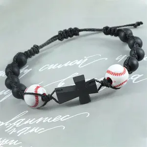 M421 Europa e nos Estados Unidos novos esportes beisebol frisado trançado pulseira de madeira cruz basquete trançado pulseira