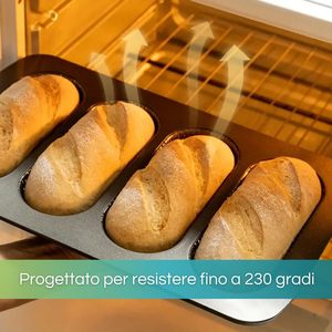 Teglia da forno per sandwich e baguette 34,6x21,5 cm 4 stampi perforati 7x17 cm in acciaio al carbonio antiaderente - Product Image 4