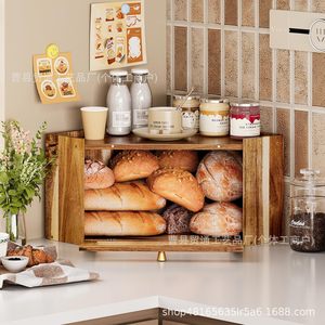 Wooden Bread Box <b>Corner</b> Kitchen Counter Storage Airtight Rectangle Wood Grain Color Lid Vegetable Fruit <b>Cabinet</b> - Product Image 3