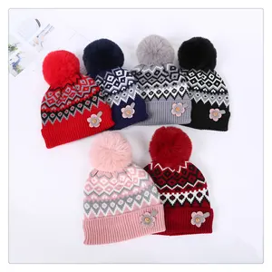 Korean Fashion Acrylic Beanie Embroidery Flower Label Winter Warm Jacquard Knitted Hats With Fur Pom Pom