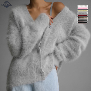 <span class=keywords><strong>Cárdigan</strong></span> de punto suelto para <span class=keywords><strong>mujer</strong></span> con cuello en V, de poliamida, con botones, amarillo, con pelo sintético de conejo. - Product Image 2