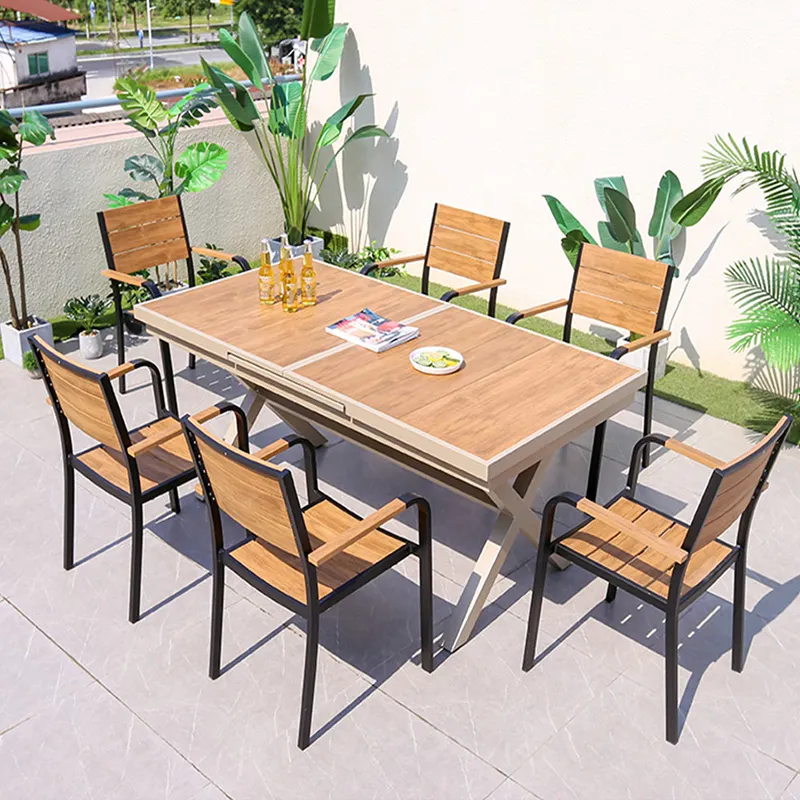 Ensemble de <span class=keywords><strong>Table</strong></span> et chaise d'extérieur en plastique moderne, patio de luxe, patio en aluminium, ensemble de jardin, ensemble de meubles en bois d'extérieur