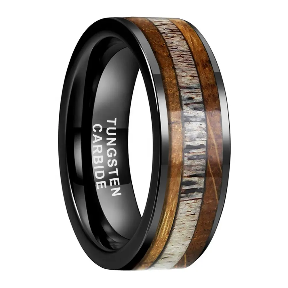 Coolstyle Jewelry 8mm Black Tungsten Ring for Men Women Wedding Band Fashion Jewelry Whisky Barrel Wood Deer Antler Inlay