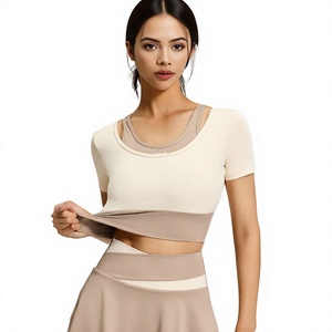 Top de Yoga para Mujer con Sujetador Incorporado, 2 en 1, Cuello Redondo, Manga Corta, Camiseta Deportiva Ajustada, Tallas Grandes, Top de Pilates OEM ODM - Product Image 1