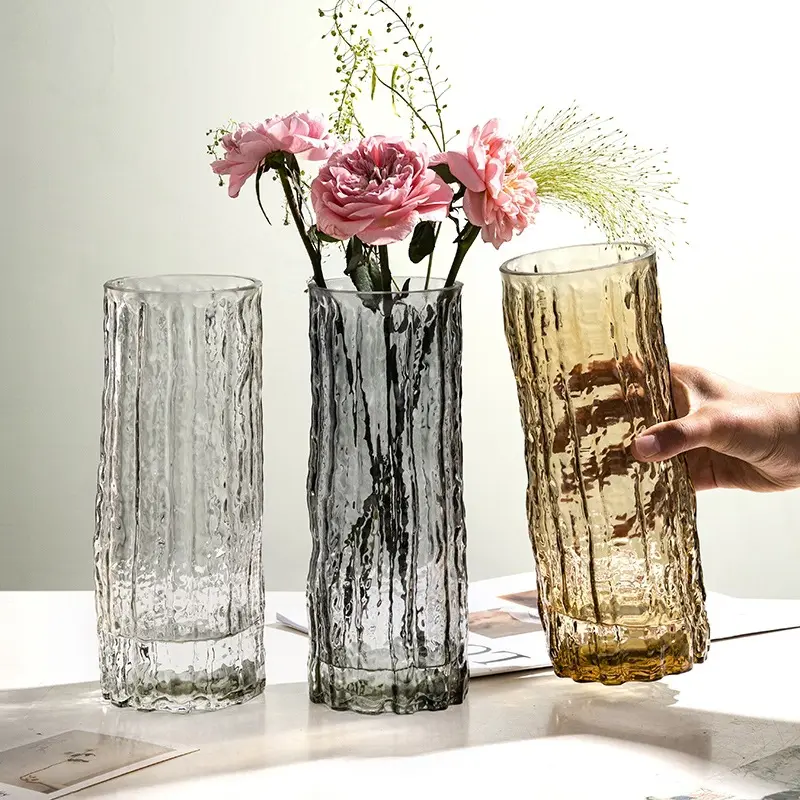 Vente en gros de décoration moderne, vase cylindrique en verre cristal clair pour mariage, vase de luxe en verre irrégulier