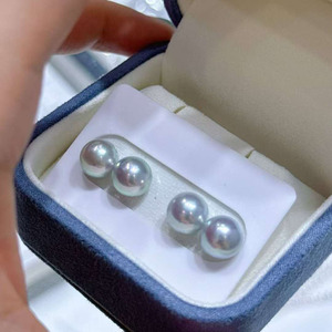 8-9mm Natural Akoya Silver Blue Pearl Stud <b>Earrings</b>, Near Round High Luster Grey Blue Seawater Pearl, S925 Silver <b>Posts</b> Included - Product Image 4