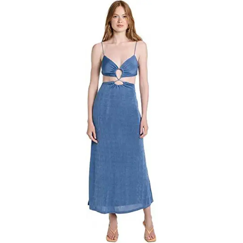 Slip Backless Sleeveless Evening Sexy Slim Elegant Sling Women Long Solid Color Light Blue Dress