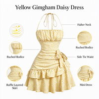 Gaun Mini Wanita Formal Vintage Musim Semi Gugur Motif Kotak-kotak Kuning dengan Pita di Leher, Aksen Kerut di Bagian Atas, Ikat Samping, dan Rok Berlapis Ruffle