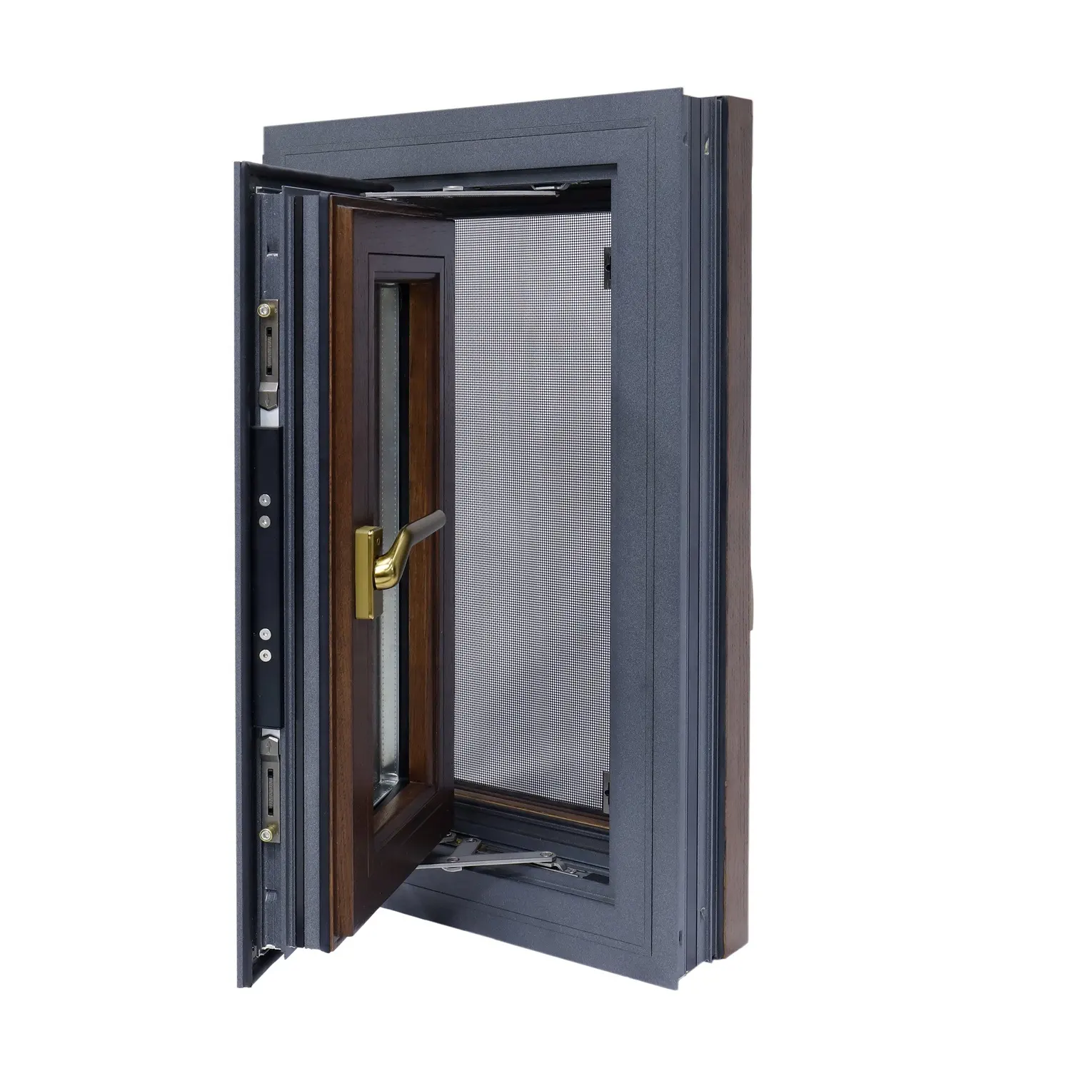 उच्च आतपन डबल सुरक्षा स्टेनलेस स्टील स्क्रीन एल्यूमीनियम पहने लकड़ी खिड़की