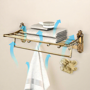 Porte-serviettes en laiton avec étagère, 2 barres, finition antique, organisateur de salle de bain, design traditionnel - Product Image 2
