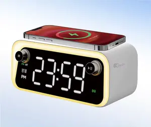 2024 Tech Gadgets 4 In 1 Qi Draadloze Oplader Met Bt Speakers Tijdklok Nachtlampje Fm Radio Telefoon Relatiegeschenk