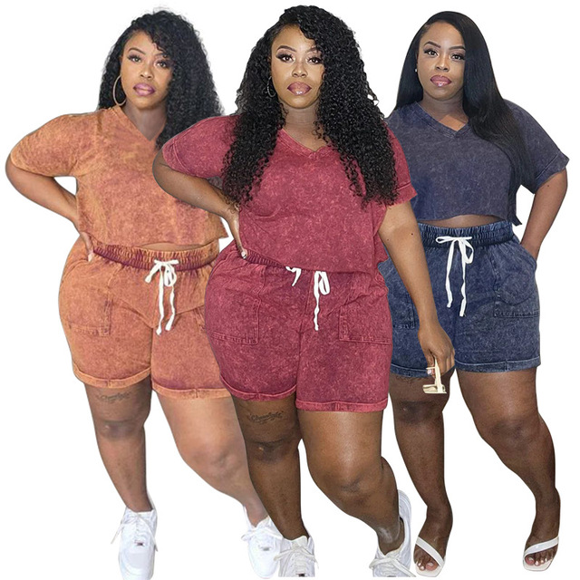 Summer Plus Size Women's Clothing High Elastic Short Sleeve V Neck Top Tether Casual Shorts Set