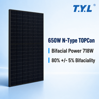 Panneau solaire 650W demi-cellules tout noir type N TOPCon bifacial double vitrage, efficacité 23,3%, garantie 30 ans TUV IEC CE