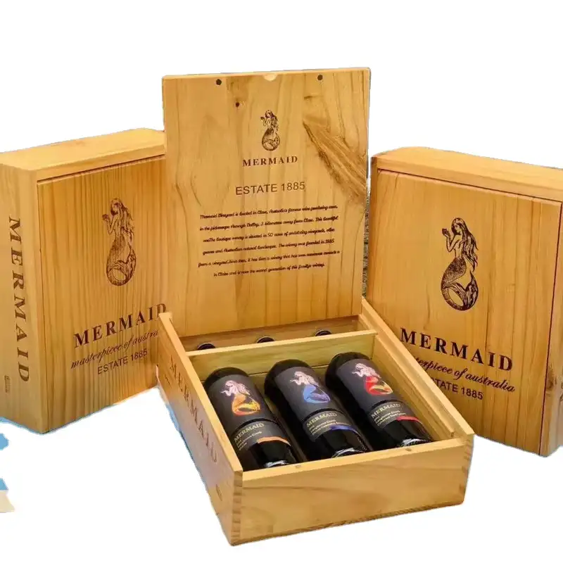 सस्ते अंगूर शराब पैकिंग बॉक्स फिसलने ढक्कन लकड़ी शराब 3 बोतल बॉक्स