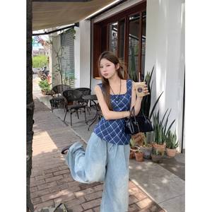 Débardeur Rétro Bleu à Carreaux pour Femme, Coupe Ajustée, Sans Manches, Col Carré, Tissu Tissé Polyester/Coton - Product Image 4